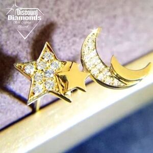 Zodiac White Baguette Diamond Star & Moon Earrings 18K Yellow Gold On 925 Silver
